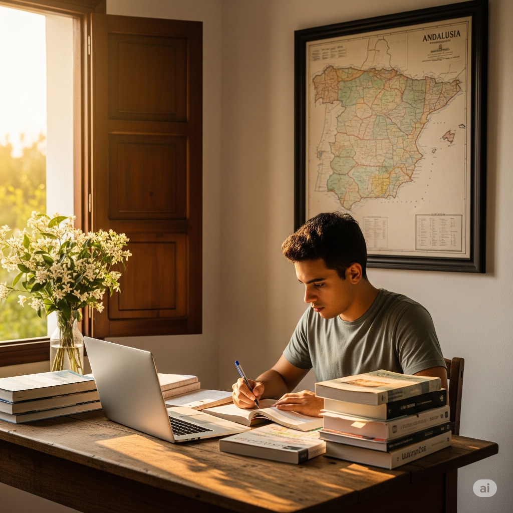 opositor estudiando para el examen para la juntas de Andalucía